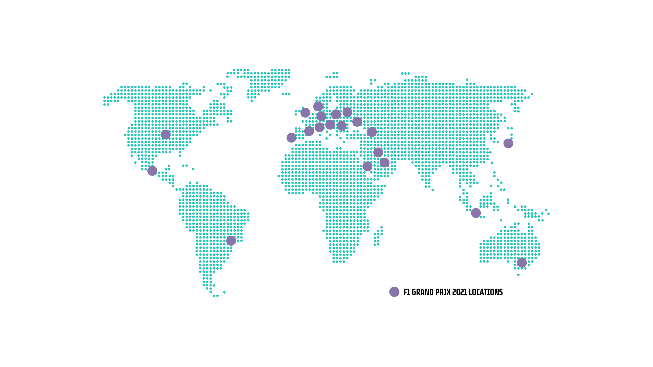Map of the world with F1 Grand Prix locations.